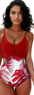 woman wearing red and white leaf design monokini swimsuit with front knot closure