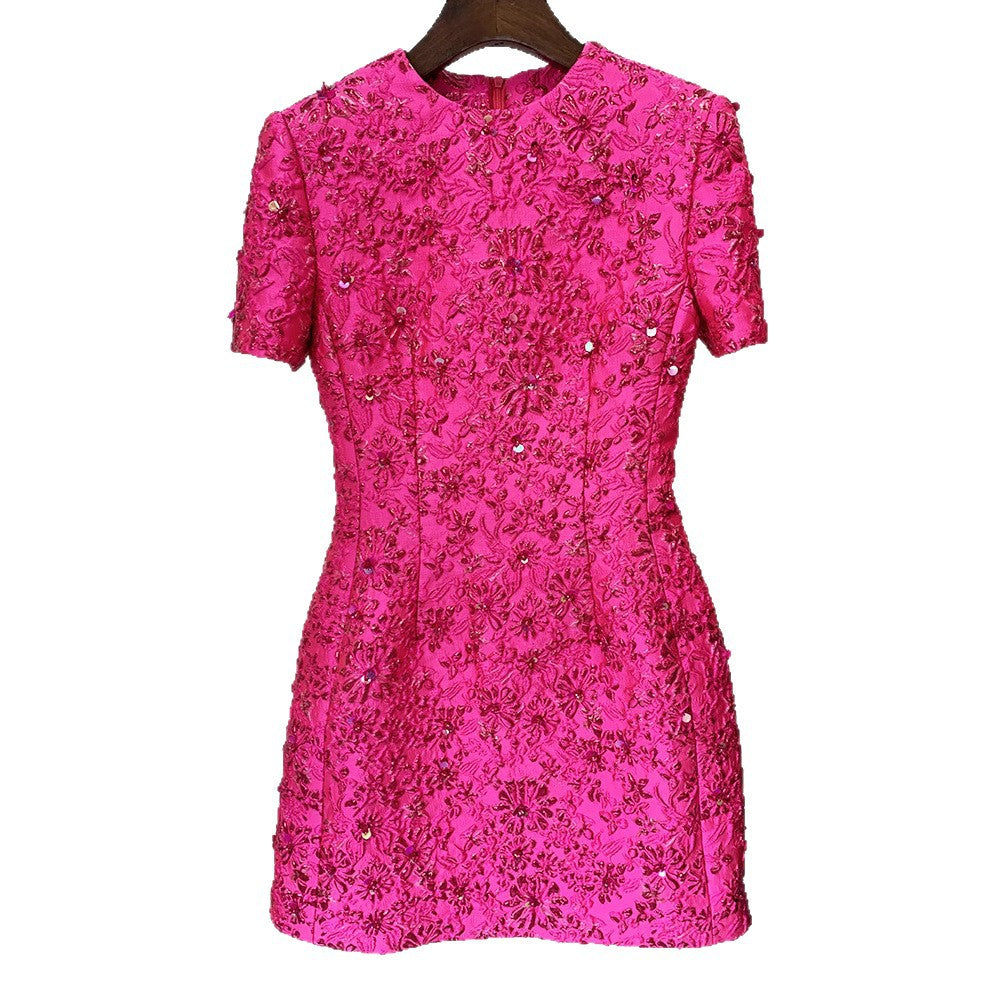High Street Fashion 2026 High-End Designer Personalized Rose Pink Series Jacquard Heavy Beading Short-Sleeve Dress