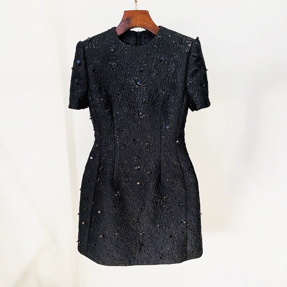 High Street Fashion 2026 High-End Designer Personalized Rose Pink Series Jacquard Heavy Beading Short-Sleeve Dress