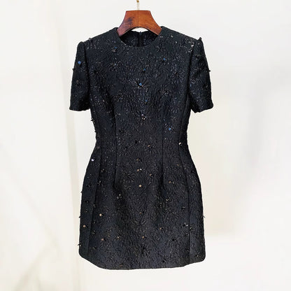 High Street Fashion 2026 High-End Designer Personalized Rose Pink Series Jacquard Heavy Beading Short-Sleeve Dress