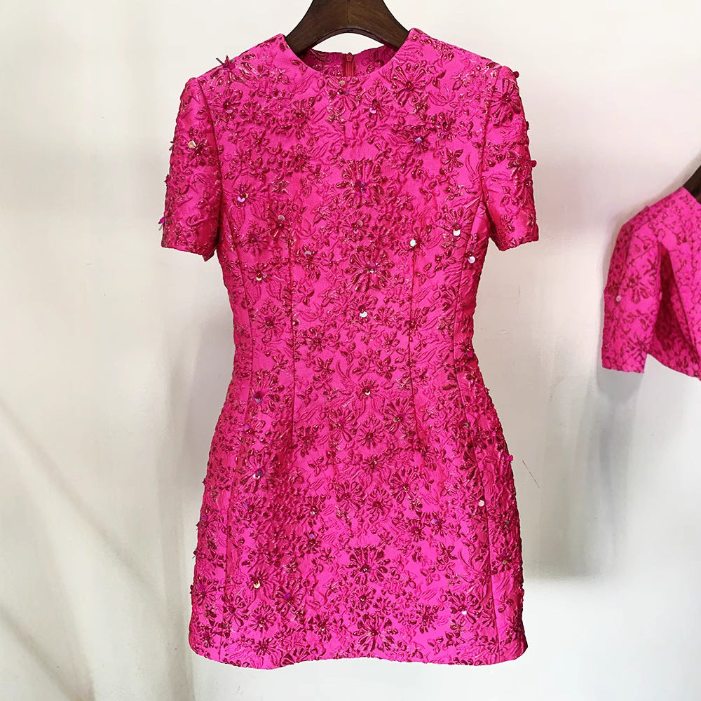 High Street Fashion 2026 High-End Designer Personalized Rose Pink Series Jacquard Heavy Beading Short-Sleeve Dress