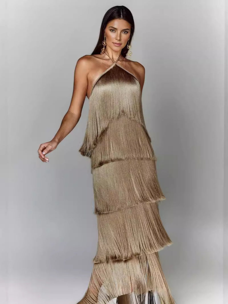 GY25044 Fashion Neck Hanging Tassel Backless Dress