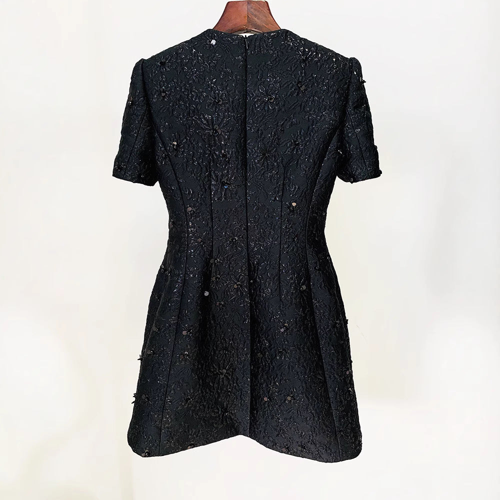 High Street Fashion 2026 High-End Designer Personalized Rose Pink Series Jacquard Heavy Beading Short-Sleeve Dress