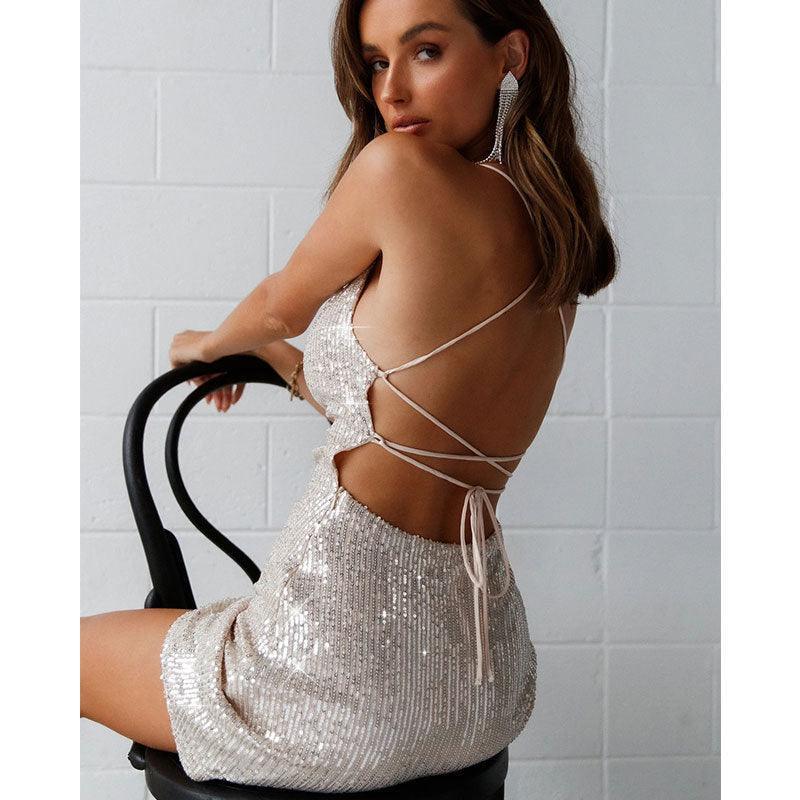 Silver Sequin Plunge V Backless Mini Party Dress – Dreamdressy